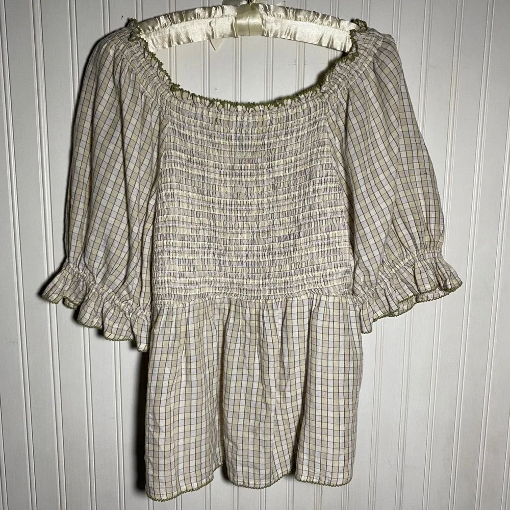 Old Navy Cottagecore Cream Plaid Peasant Top Puff Sleeve Smocked Ruffle - Large